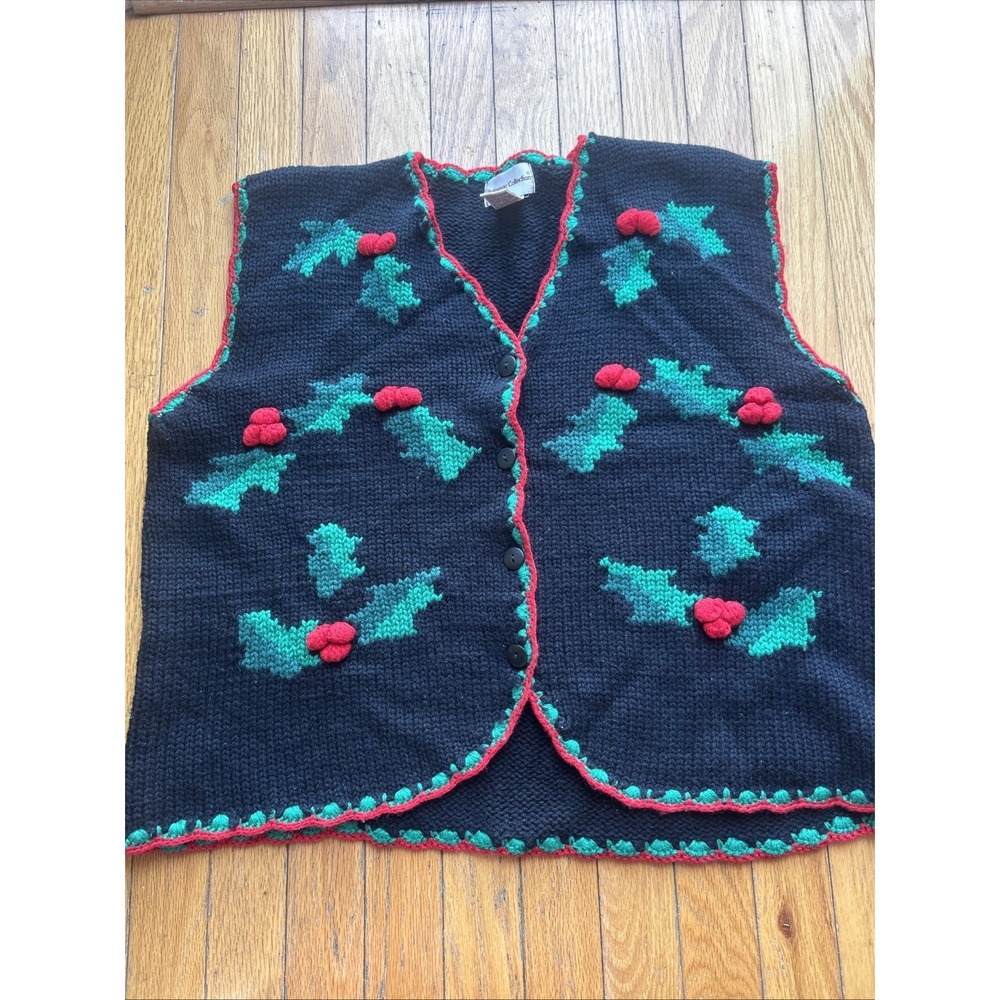 Vintage Christmas Holly Embroidered Vest Sz XL Ugly Knit Sweater